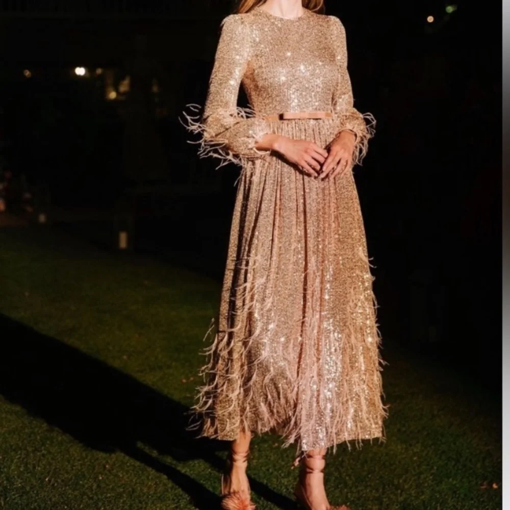 NWOT Antonio Melani x Nicola Bathie Sequin Crew Neck Long Sleeve Feather Dress - Picture 5 of 11